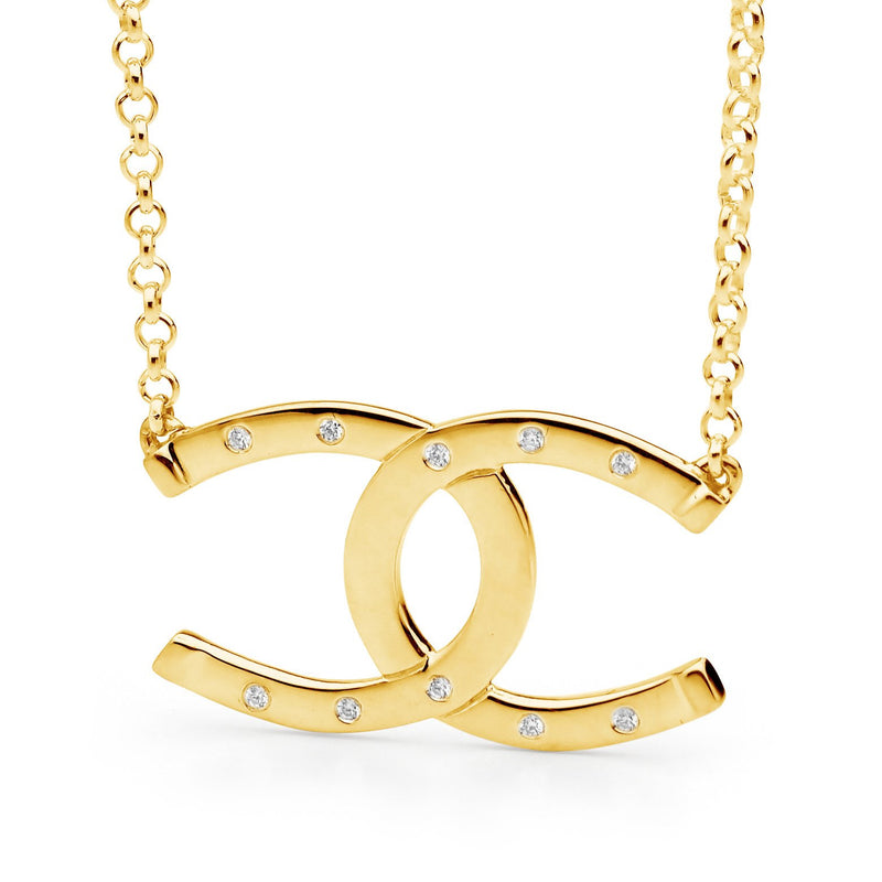9ct Yellow Gold and Diamond Double Horseshoe Pendant with Chain