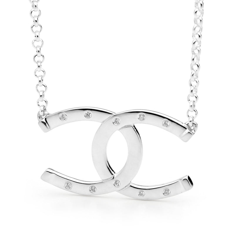 Sterling Silver Stone Set Double Horseshoe Pendant with Chain