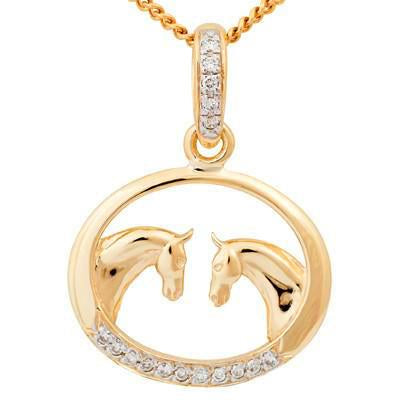 9ct Yellow Gold and Diamond Classical Double Horse Head Pendant