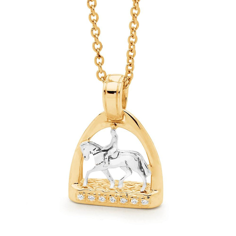 9ct White Gold and 9ct Yellow Gold and Diamond Petite Stirrup with Pony and Rider Pendant