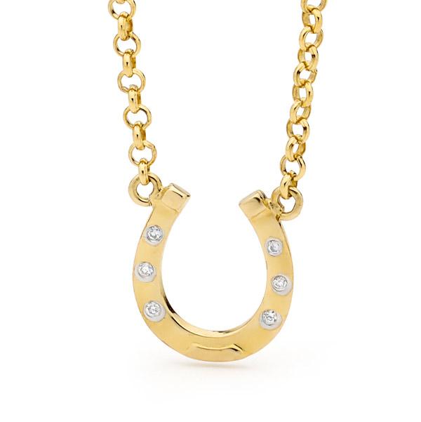 9ct Yellow Gold and Diamonds Medium Horseshoe Pendant with Chain