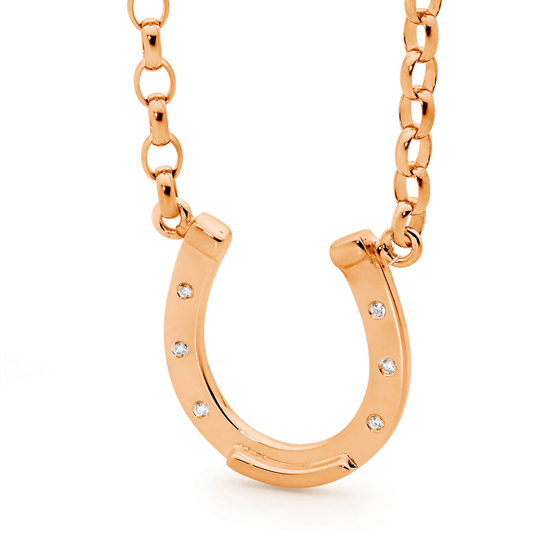 9ct Rose Gold and Diamonds Medium Horseshoe Pendant with Chain
