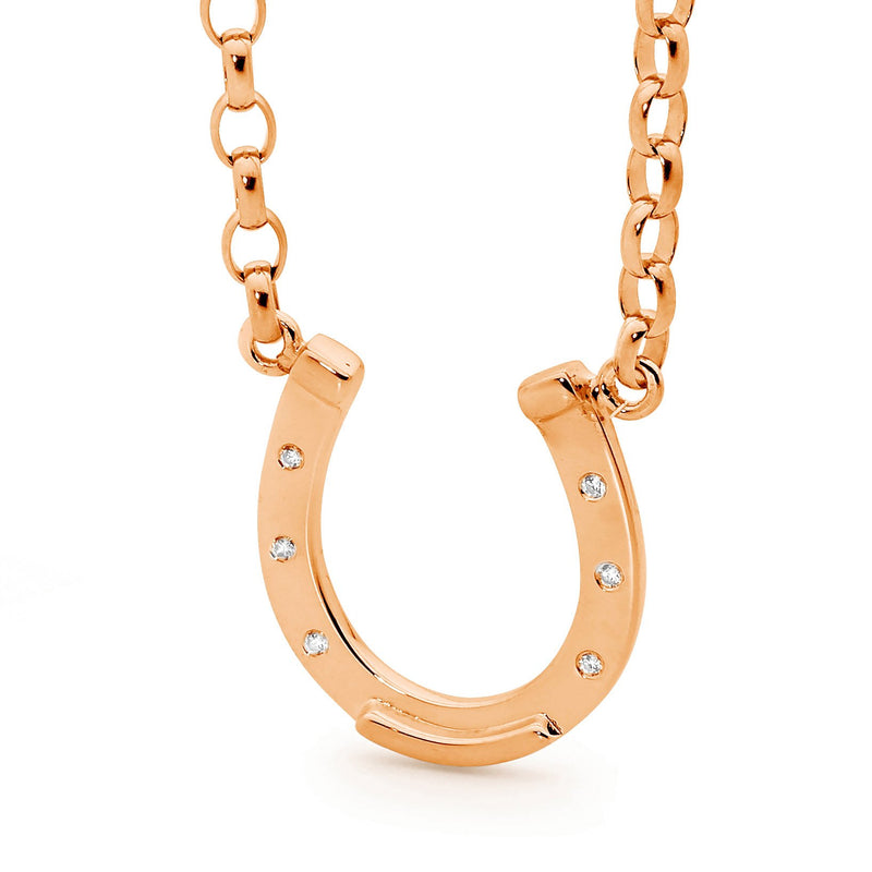 9ct Rose Gold and Diamond Large Horse Shoe with Chain