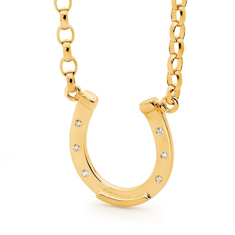 9ct Yellow Gold and Diamond Large Horse Shoe with Chain
